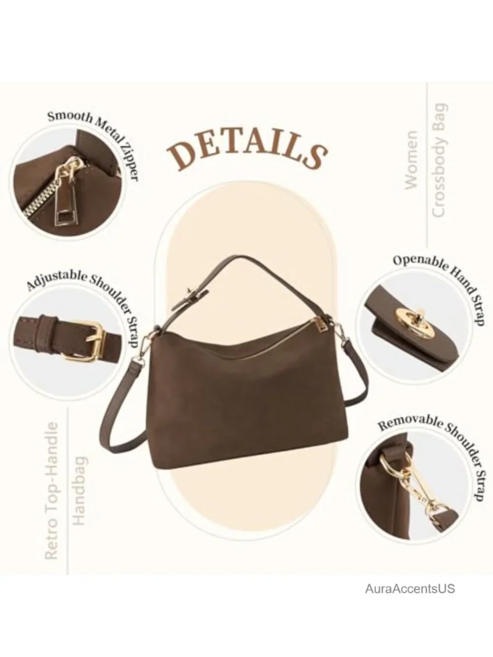 Suede Leather Hobo Bag Women Crossbody Shoulder Tote Detachable Strap